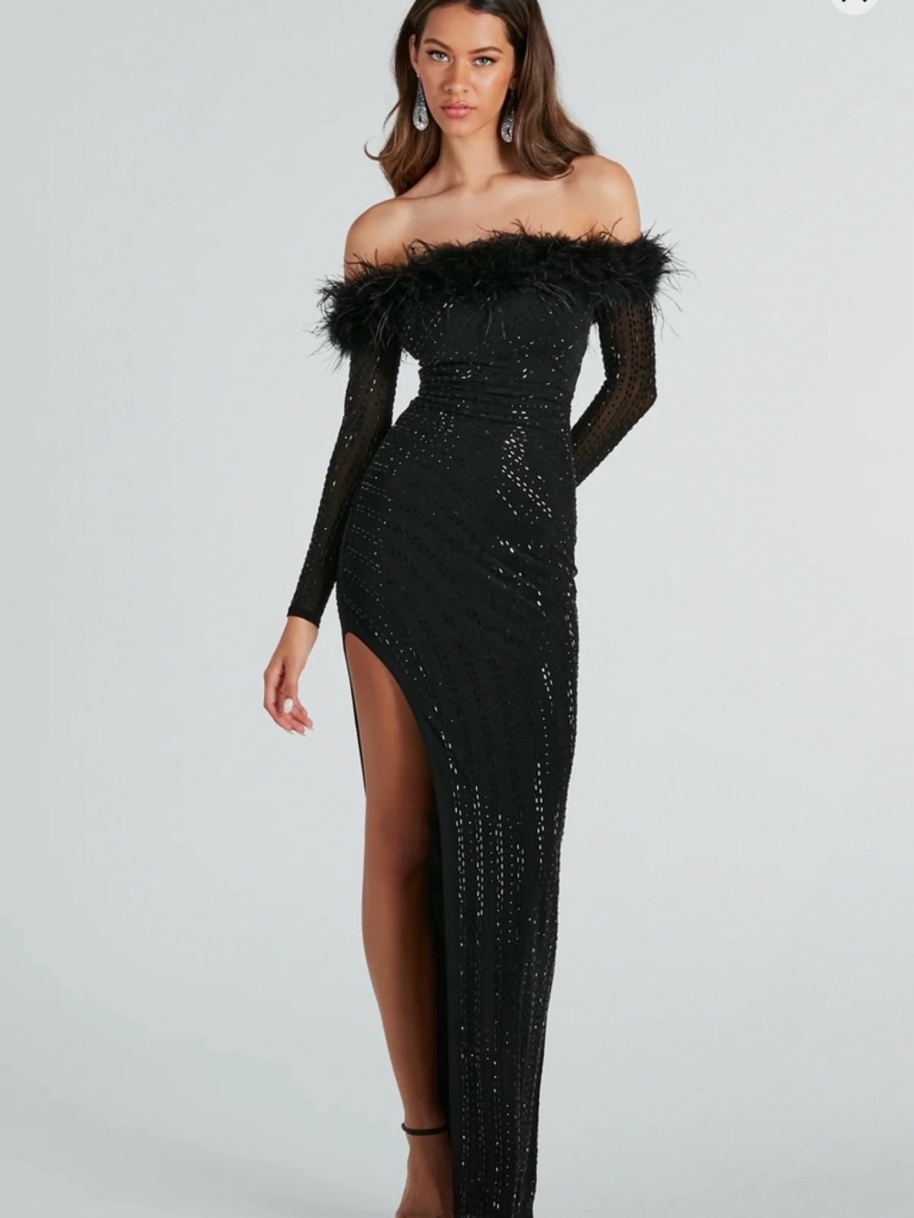 Windsor One-Shoulder Black Feather-Trim Sequin Gown